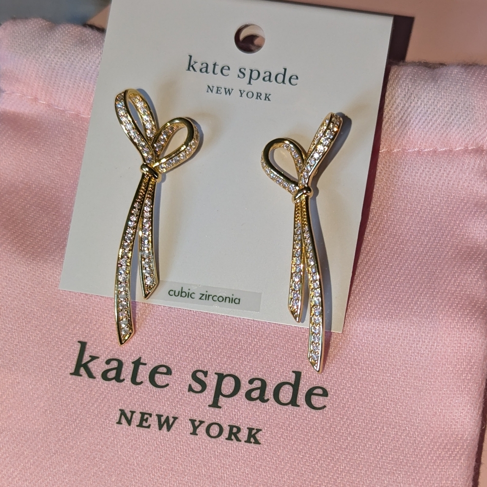 NWT & Pouch Kate Spade All Tied Up sparkling long ribbon bow earrings